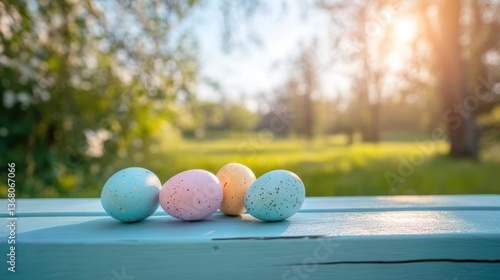Obraz na płótnie Colorful Easter eggs on wooden planks amidst meadow and sunlight, Easter background w salonie