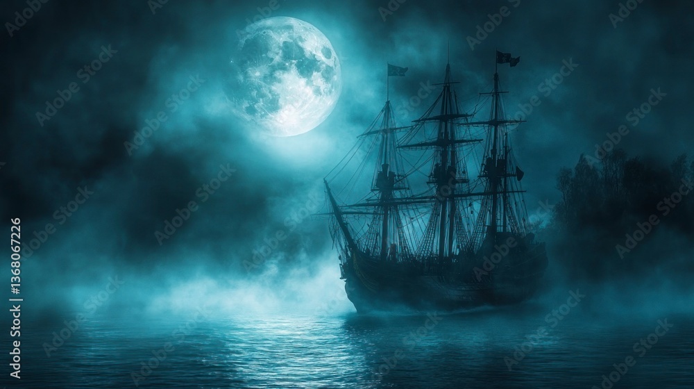 Sailing Ship on Dark Water Under Moonlight Mysterious Adventure Concept Sailing Ship on Dark Water Under Moonlight Mysterious Adventure Concept
