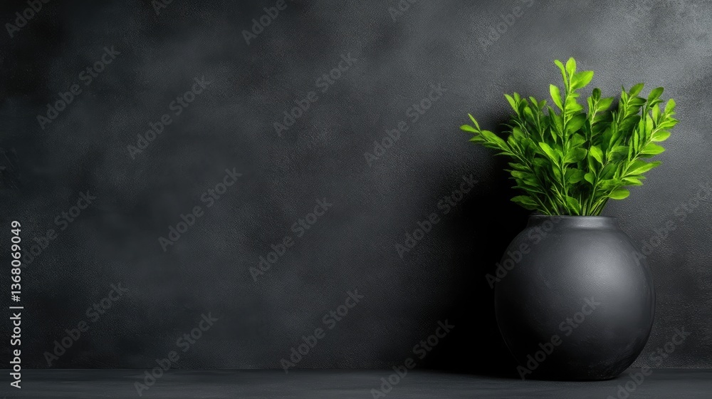 Dark background with simple plant in vase Dark background with simple plant in vase