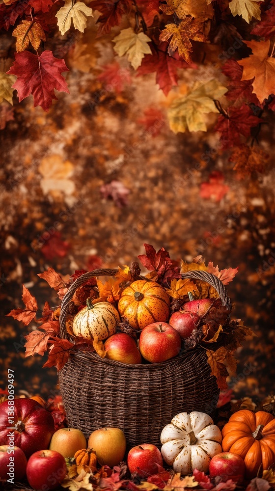 A rustic wicker basket brimming with vibrant red and green apples alongside small orange pumpkins, all nestled among a scattering of colorful autumn leaves in warm hues. A rustic wicker basket brimming with vibrant red and green apples alongside small orange pumpkins, all nestled among a scattering of colorful autumn leaves in warm hues.