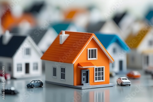 Wallpaper Mural Unassuming residential neighborhood featuring an array of simple white houses with a single vibrant orange model home standing out as the focal point Torontodigital.ca