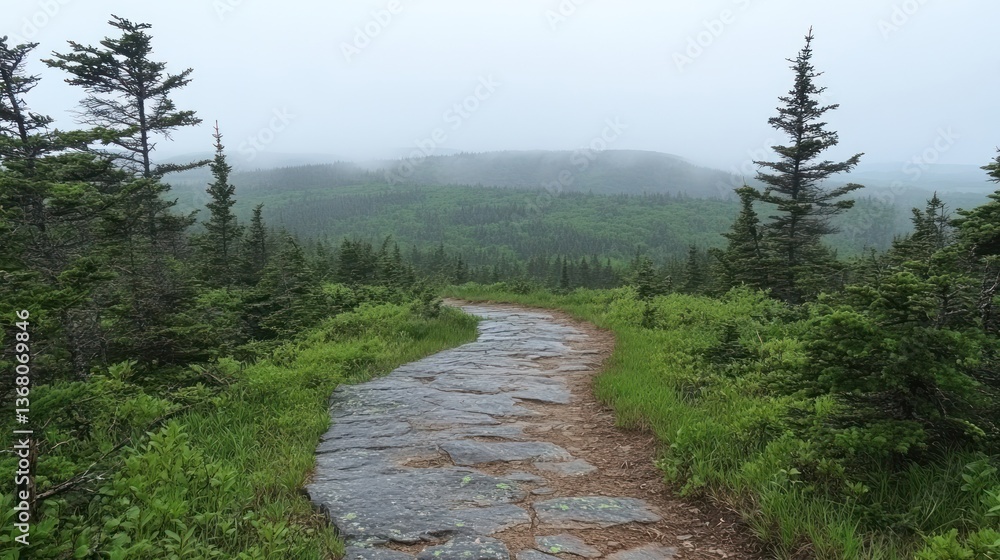 Fototapeta premium Misty mountain trail winds through lush greenery, stone path leading to distant, fog-shrouded peaks