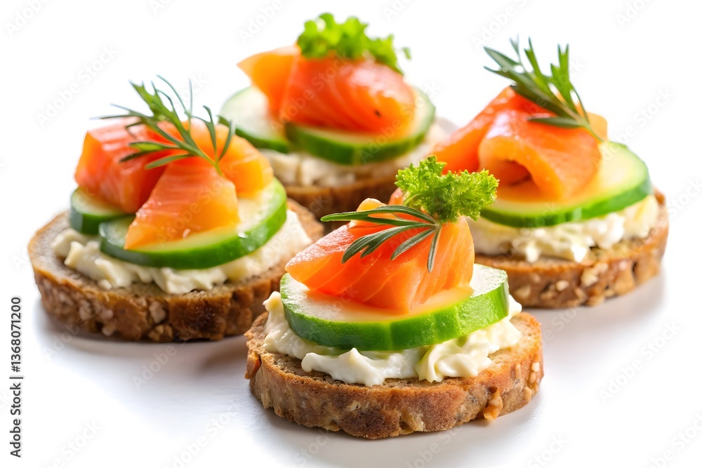 Gourmet sandwiches and canapés with salmon, caviar, cheese, and fresh vegetables on a plate Gourmet sandwiches and canapés with salmon, caviar, cheese, and fresh vegetables on a plate