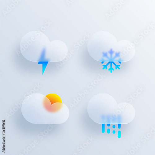 Weather forecast icon set with glassmorphic effect. 3d glassmorphism meteorology elements sign collection. Cloudy, rain, thunderstorm, snow signs. Template design for web or mobile app, ui, ux. Vector