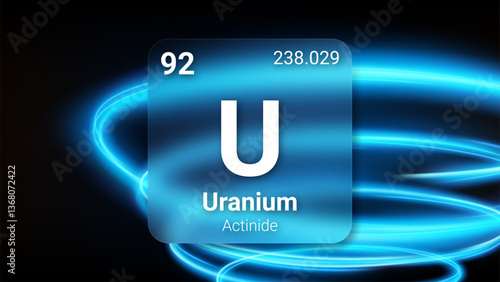 Uranium (U) (092) Actinide, Glass Morphism Element Futuristic Neon Light Glow Background Periodic Table, Chemical Symbol, Name, Atomic Mass, Atomic Number, Vector Illustration