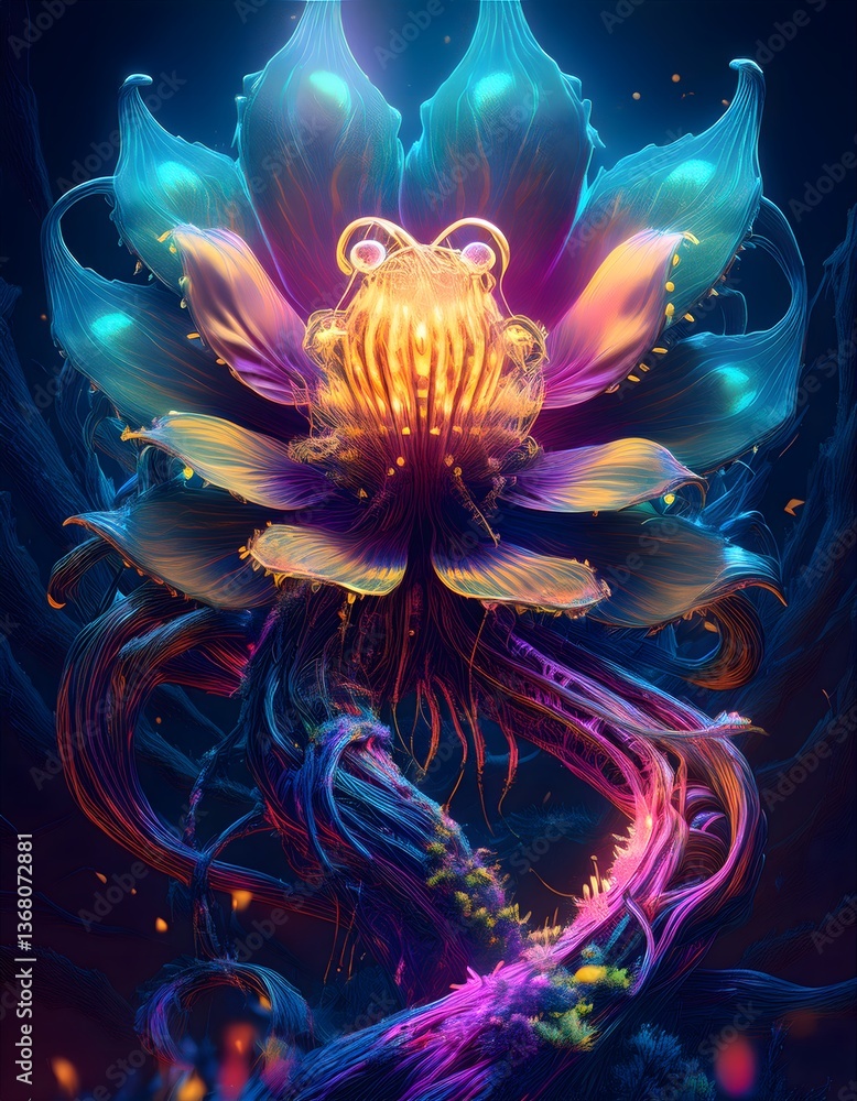 Obraz premium Glowing fantasy flower blooming in magical garden at night