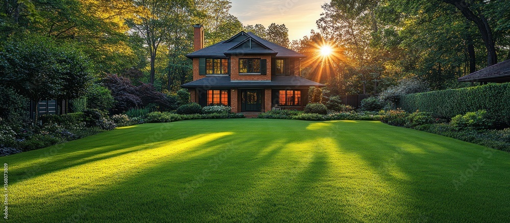 Naklejka premium Sunset over a stately home's lush lawn