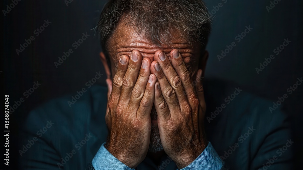 A man in a suit with hands on his face expresses frustration and sadness, set against a moody background, eliciting feelings of distress and deep contemplation. A man in a suit with hands on his face expresses frustration and sadness, set against a moody background, eliciting feelings of distress and deep contemplation.