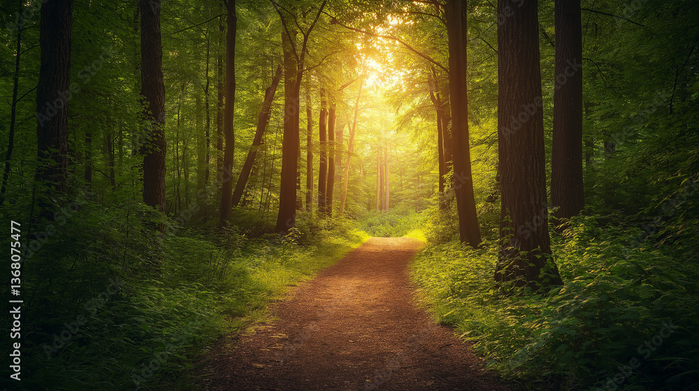 Fototapeta premium Peaceful Forest Path with Sunlight Filtering Through Trees