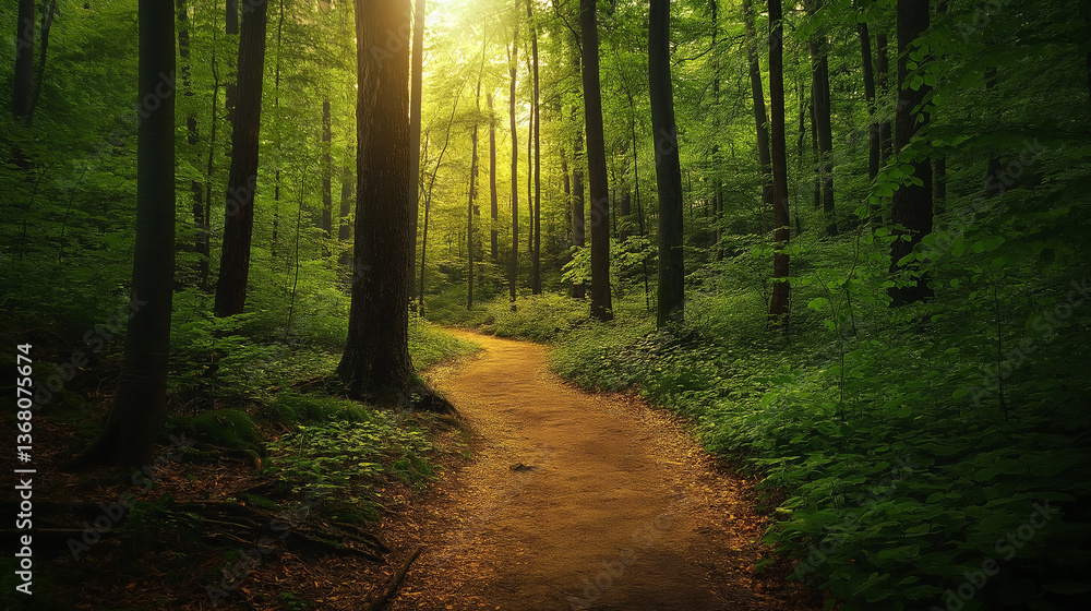 Obraz premium Peaceful Forest Path with Sunlight Filtering Through Trees