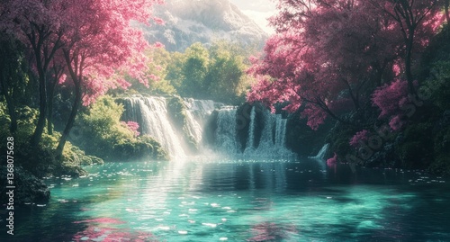 Tranquil Waterfall Flows Into Turquoise Pool Surrounded by Blooming Cherry Trees