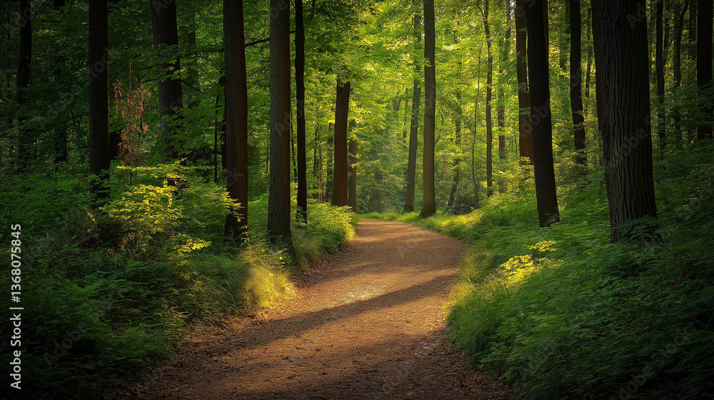 Fototapeta premium Peaceful Forest Path with Sunlight Filtering Through Trees