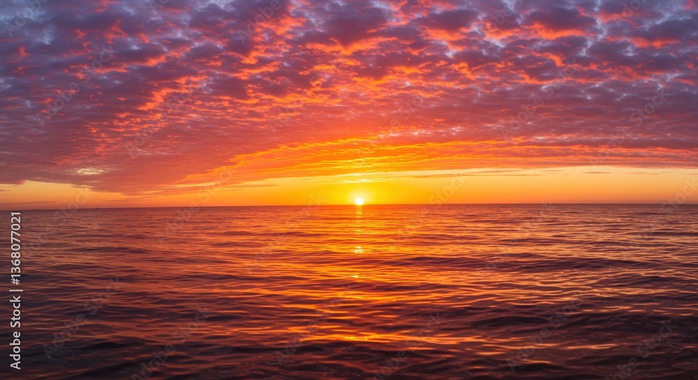 Fototapeta premium Vibrant sunset over calm ocean waters with colorful clouds reflecting on the surface