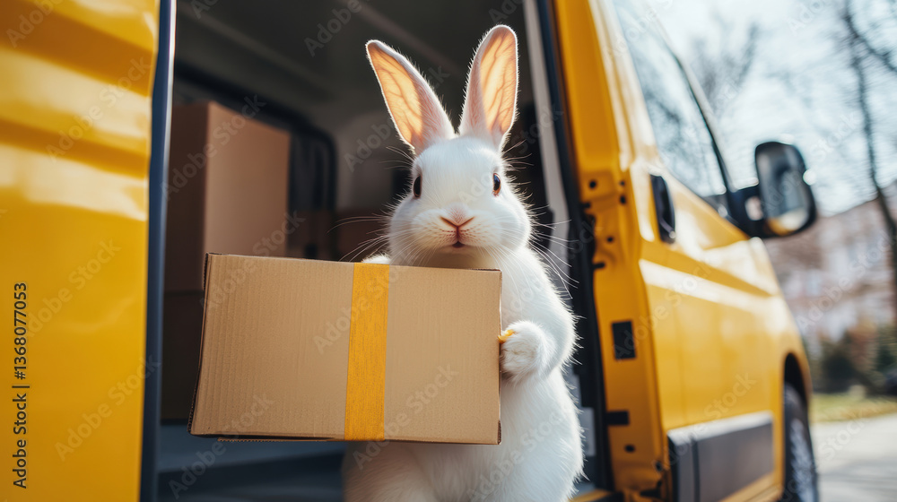 White Easter bunny holding a parcel for courier delivery, gift orders