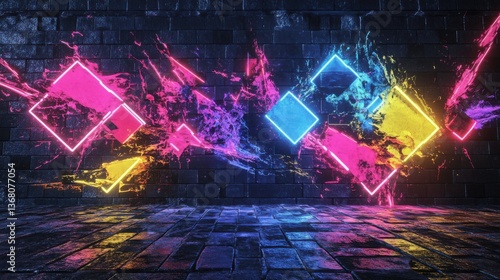 A surrealistic street art scene featuring neon splashes blending into clean-cut cubist patterns on a grunge-textured brick background