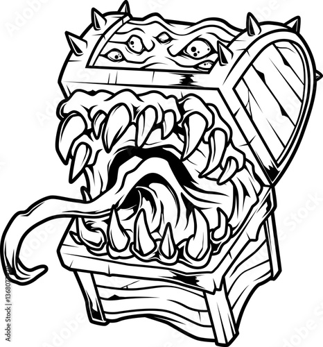 Mimic-Kreatur in Form einer Truhe mit furchteinflößenden Zähnen, Augen und langer Zunge – klassisches Monster aus Fantasy- und Rollenspielwelten.