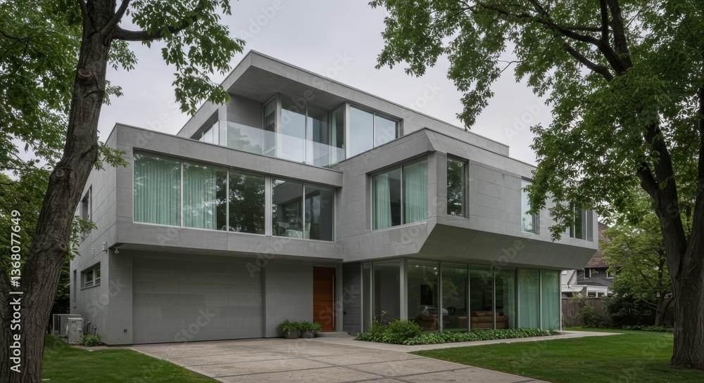 A modern gray house with large windows is surrounded by trees and a driveway on a cloudy day outside A modern gray house with large windows is surrounded by trees and a driveway on a cloudy day outside