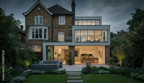 Modern house with large glass windows and landscaped garden in London. Contemporary design presents urban living concepts.