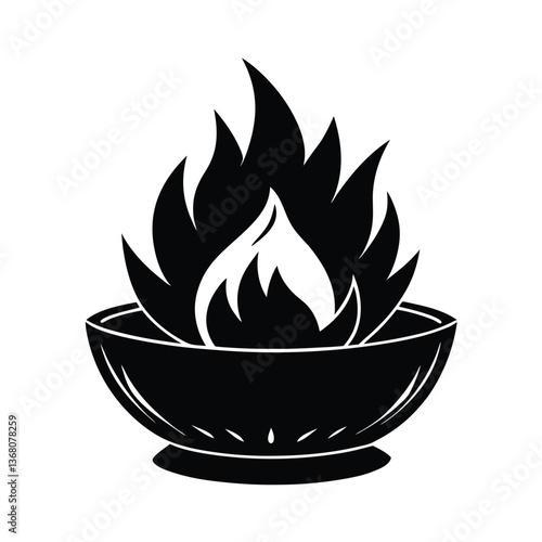 Vector illustration of a burning candle and fire with flames in a pot, symbolizing heat, danger, and warmth, in orange, red, and yellow colors, ideal for designs or warnings about flammability