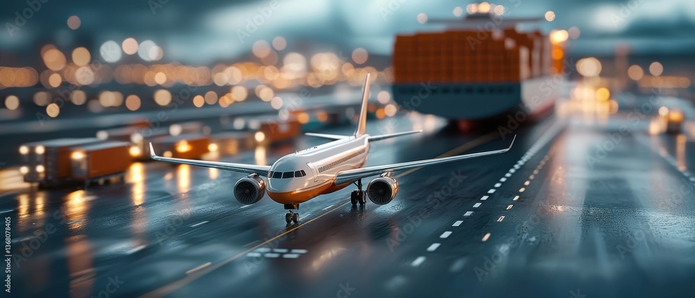custom made wallpaper toronto digitalAerial perspective showcasing the dynamic interplay between an airport runway and a massive cargo ship within a thriving seaport environment.