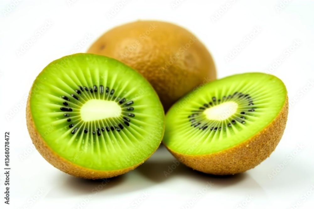 - Ripe green kiwifruit cut in half, isolated on white surface, ripe, fresh, isolated - Ripe green kiwifruit cut in half, isolated on white surface, ripe, fresh, isolated