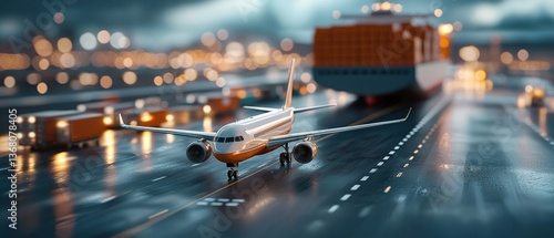 Wallpaper Mural Aerial perspective showcasing the dynamic interplay between an airport runway and a massive cargo ship within a thriving seaport environment. Torontodigital.ca