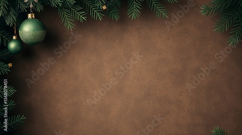 Plain parchment winter background with pine tree garland around the border, and one hanging ornament