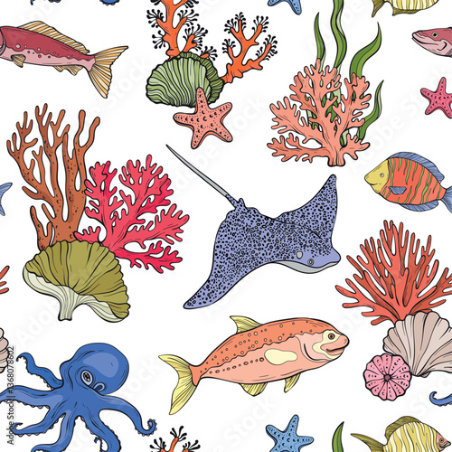 A seamless vector pattern with vibrant underwater scene with colorful tropical fish, coral reefs, seaweed, and marine flora