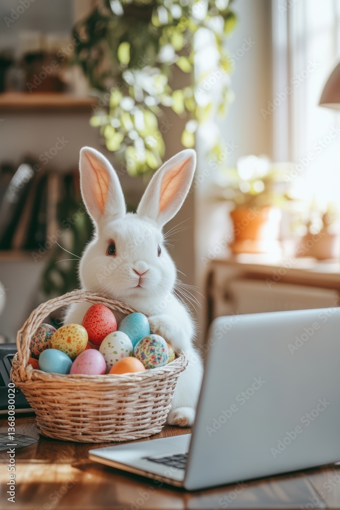 Easter bunny with eggs sitting on a laptop, computer equipment offer in the online store