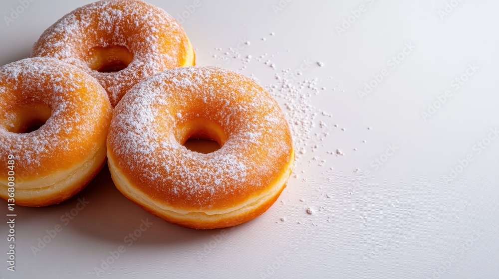 This stunning image features three beautifully arranged powdered sugar doughnuts on a minimalistic table, capturing the essence of sweetness and happiness. This stunning image features three beautifully arranged powdered sugar doughnuts on a minimalistic table, capturing the essence of sweetness and happiness.