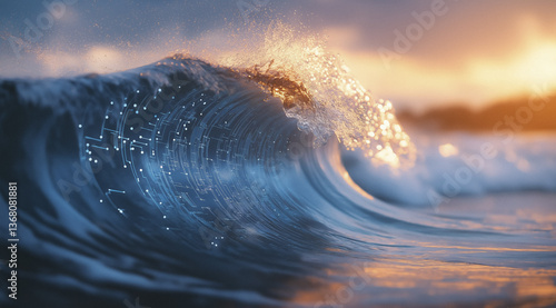 Futuristic digital wave energy flow in blue abstract background, A wave in the ocean with a blue and white background. The wave is made up of many small dots, giving it a digital appearance