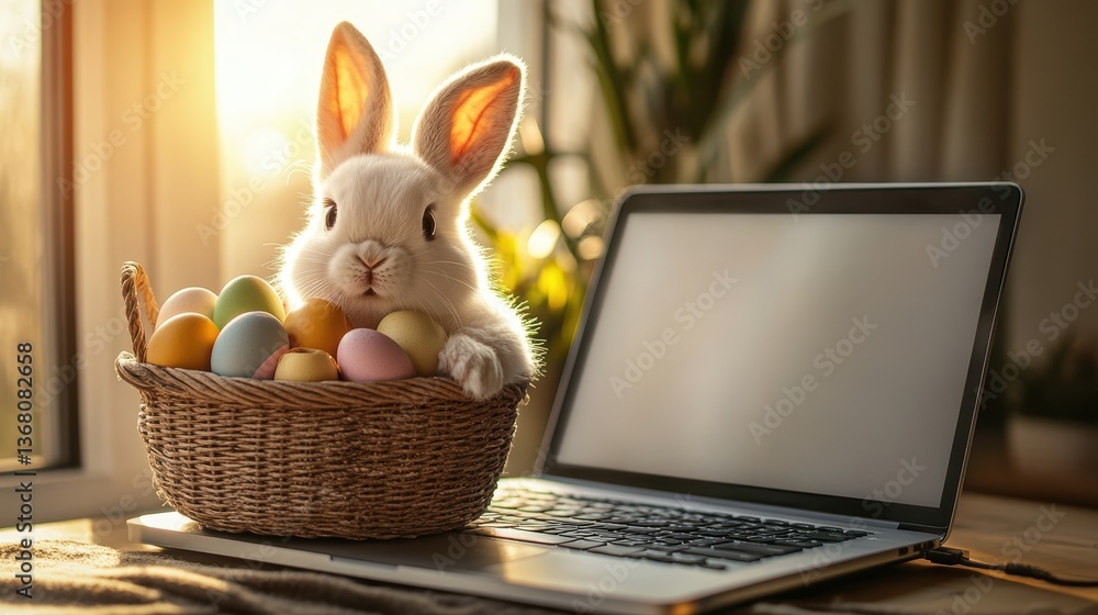 Easter bunny with eggs sitting on a laptop, computer equipment offer in the online store