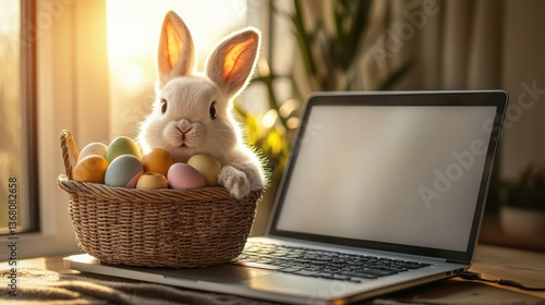 Obraz na płótnie Easter bunny with eggs sitting on a laptop, computer equipment offer in the online store w salonie