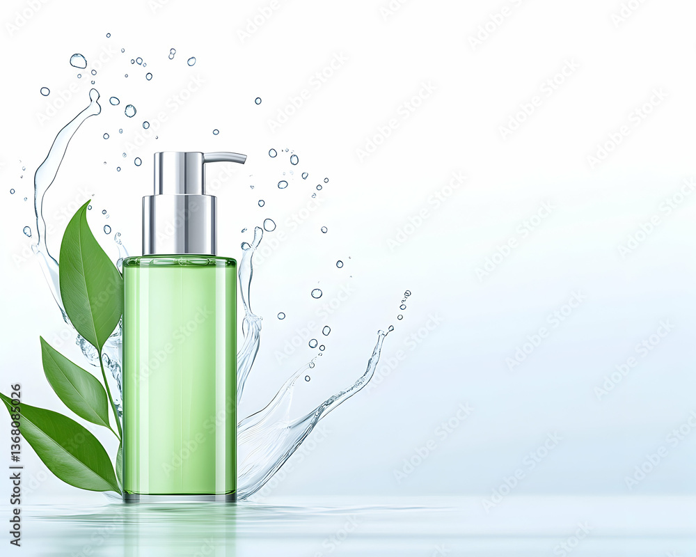 Green liquid soap bottle with water splash and leaves Green liquid soap bottle with water splash and leaves
