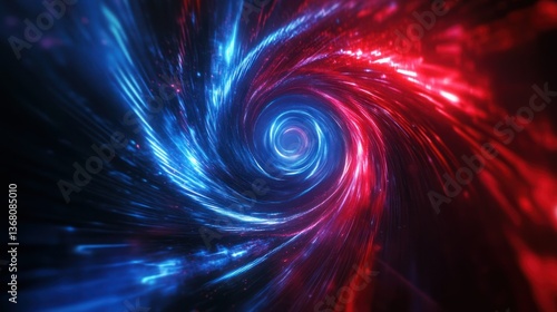 Abstract vortex with blue and red light streaks, energy, and motion.