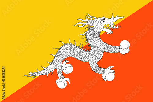 Bhutan flag, official colors and proportion correctly. National Bhutan flag. Vector illustration.