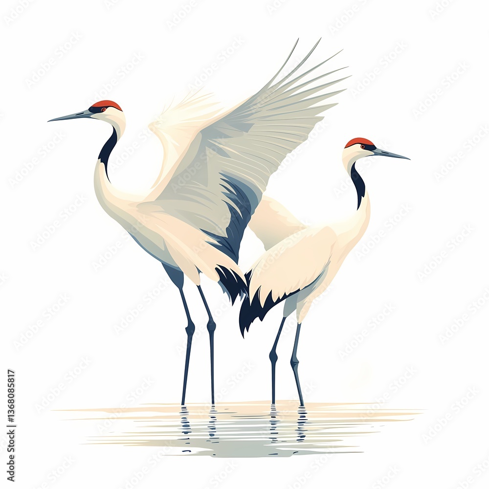 Fototapeta premium Japanese cranes with black necks and red crowns in shallow water, digital art