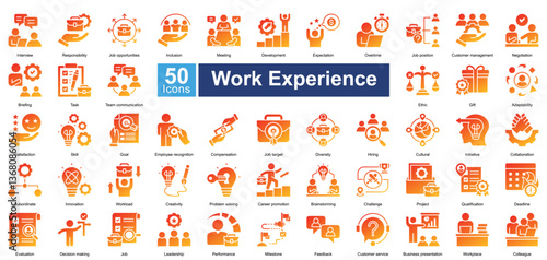 Work Experience icon set in glyph gradient color style, featuring 50 icons of career growth, job roles, teamwork, and professional skills. Perfect for HR, employee training, and workplace management.