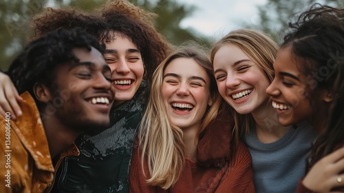 Happy diverse group of friends laughing together.
