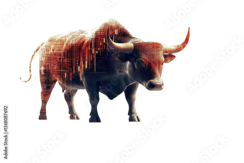 A powerful bull, symbolizing market strength and financial growth, rendered with overlaid stock market data in fiery red and gold tones.
