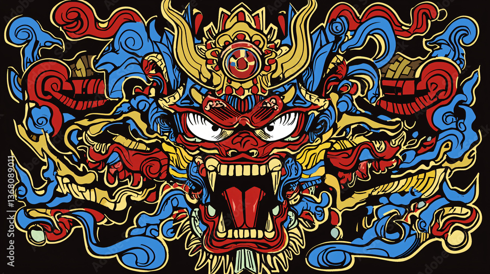 Obraz premium Intricate dragon head artwork displaying a multitude of different colors in a fusion of harsh geometric shapes and fluid organic forms.