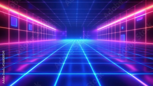 Wallpaper Mural Retro-futuristic neon grid hallway glowing in electric blue and magenta. Torontodigital.ca