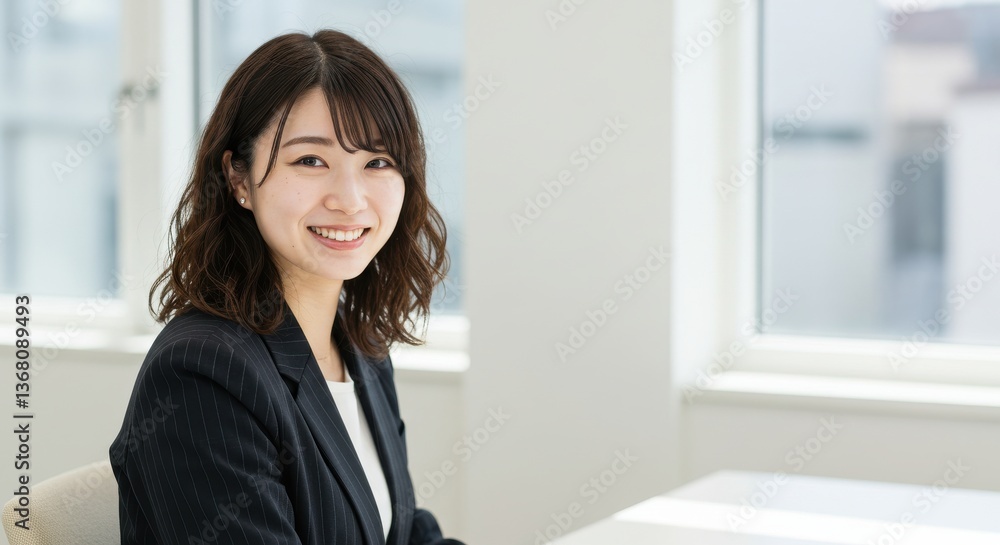 A smiling woman in a black blazer posing near a window with natural light in a bright office setting A smiling woman in a black blazer posing near a window with natural light in a bright office setting