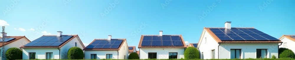 Fototapeta premium Modern homes with solar panels on rooftops against clear blue sky, energy, residential