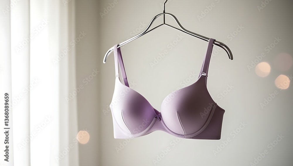 Women's padded bra light pastel purple bra hanged on the hanger isolated on light white background created with generative ai Women's padded bra light pastel purple bra hanged on the hanger isolated on light white background created with generative ai