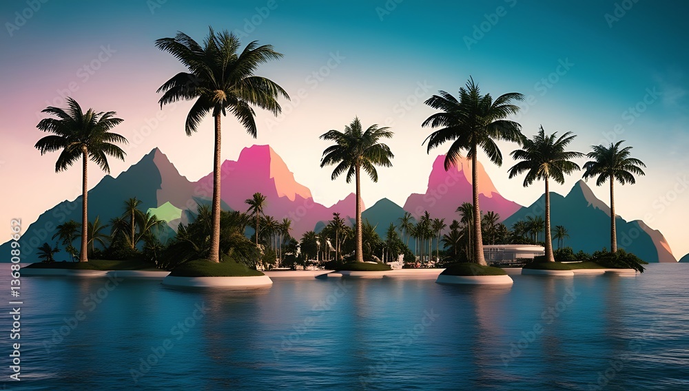 Naklejka premium Artistic summertime background with palm trees, sun and sky. Artistic brush strokes textured wallpaper design, Summer exotic holiday concept in flat retro style, created with generative ai