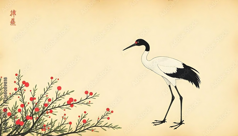 Naklejka premium Vintage traditional Japanese painting, Crane, Tsuru, Painting on old paper, Common crane, Grus grus, Wildlife, Fine Art, Birds, Victorian, Japanese art, drawing of Cranes, created with generative ai
