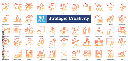 Strategic Creativity icon set in line gradient style, featuring 50 icons on innovation, leadership, adaptability, and business transformation. Ideal for strategy planning, market analysis, and growth.