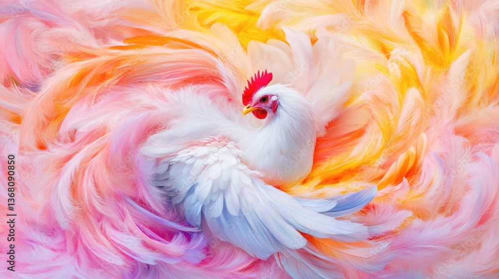 Obraz premium Vibrant Rooster in a Whirlwind of Pastel Feathers