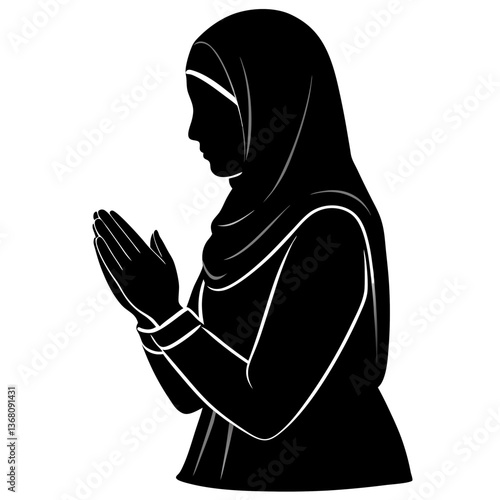 A silhouette of a Muslim woman in a prayer position (Sujood), with her hands raised in Dua (supplication), depicting a peaceful and respectful atmosphere